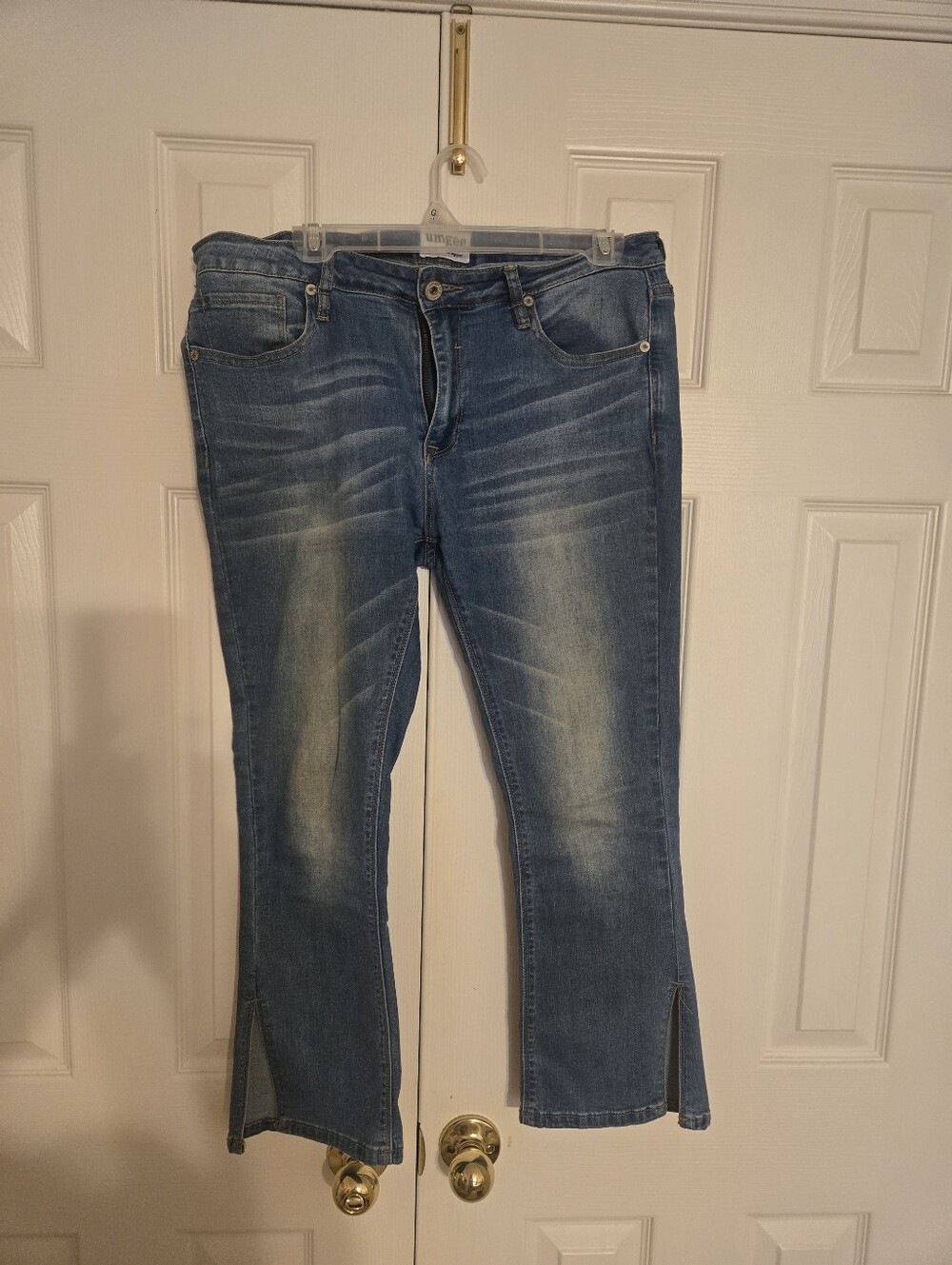 Umgee Distressed Blue Flare Jeans with Front Slits